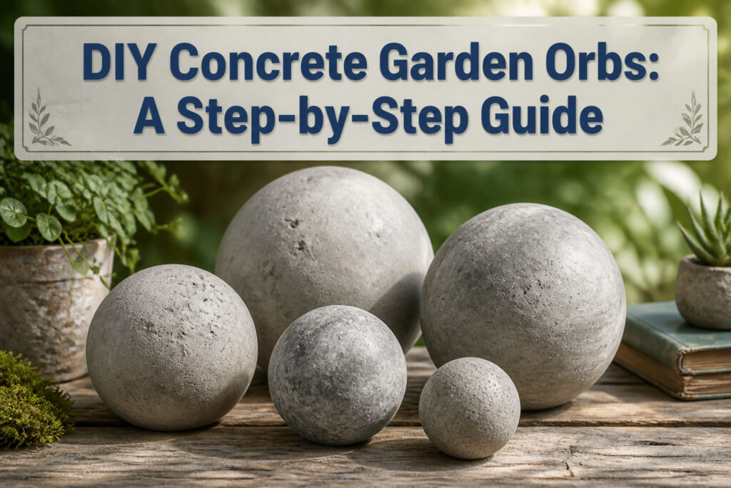 Various concrete garden orbs displayed in an outdoor setting.