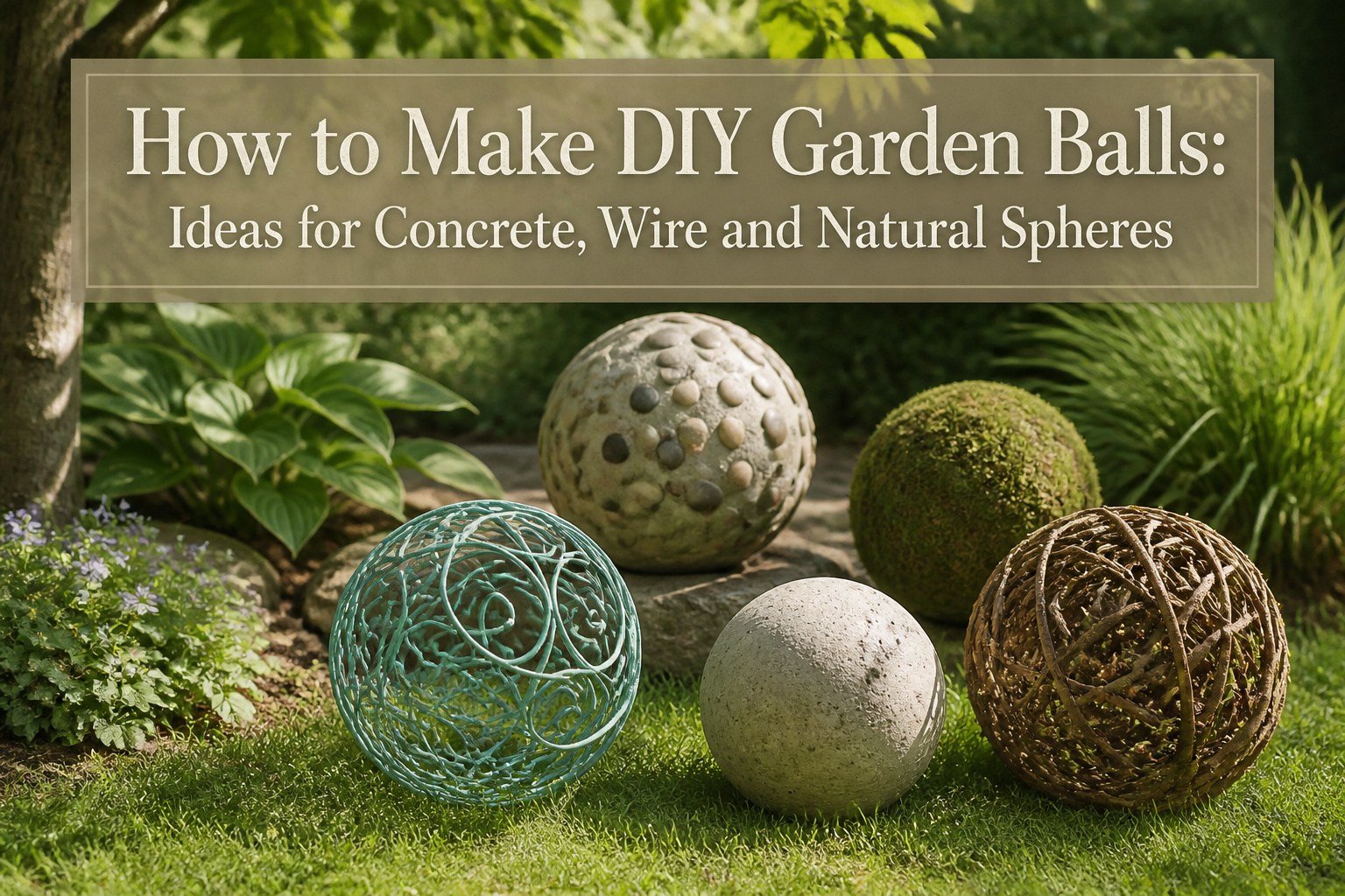 Colorful DIY garden balls made from various materials displayed together.
