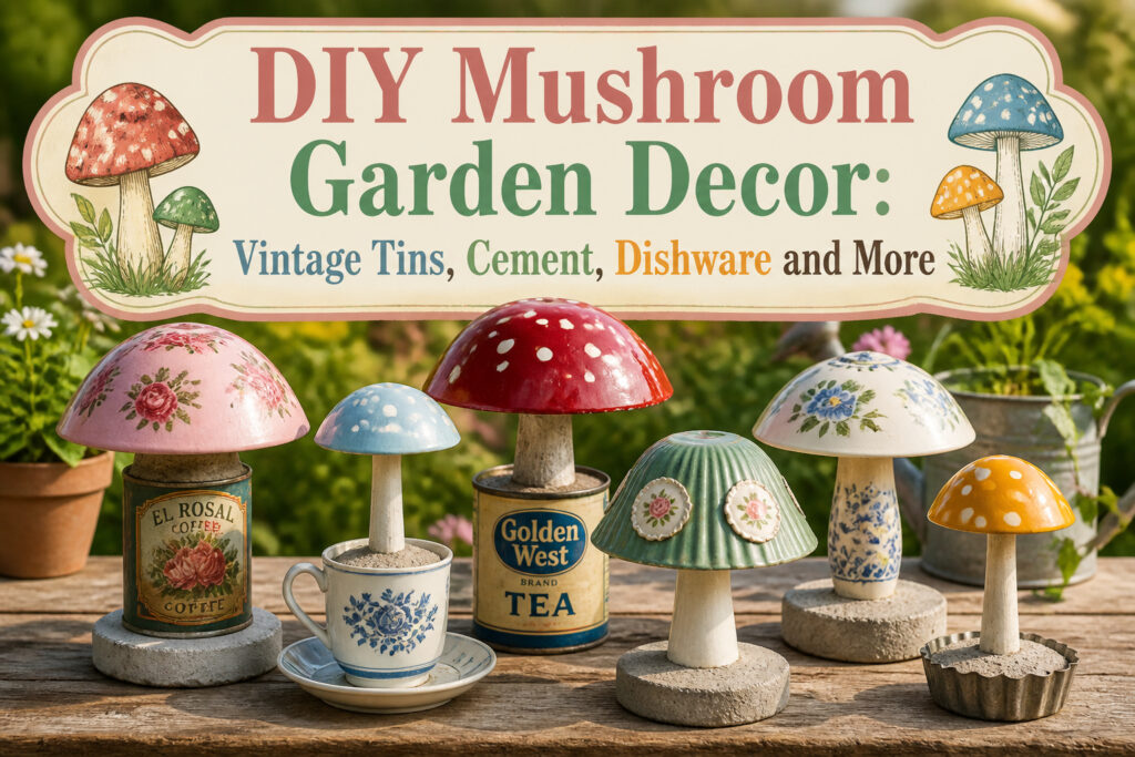 Colorful DIY mushroom garden decor made from vintage tins, cement, and dishware.