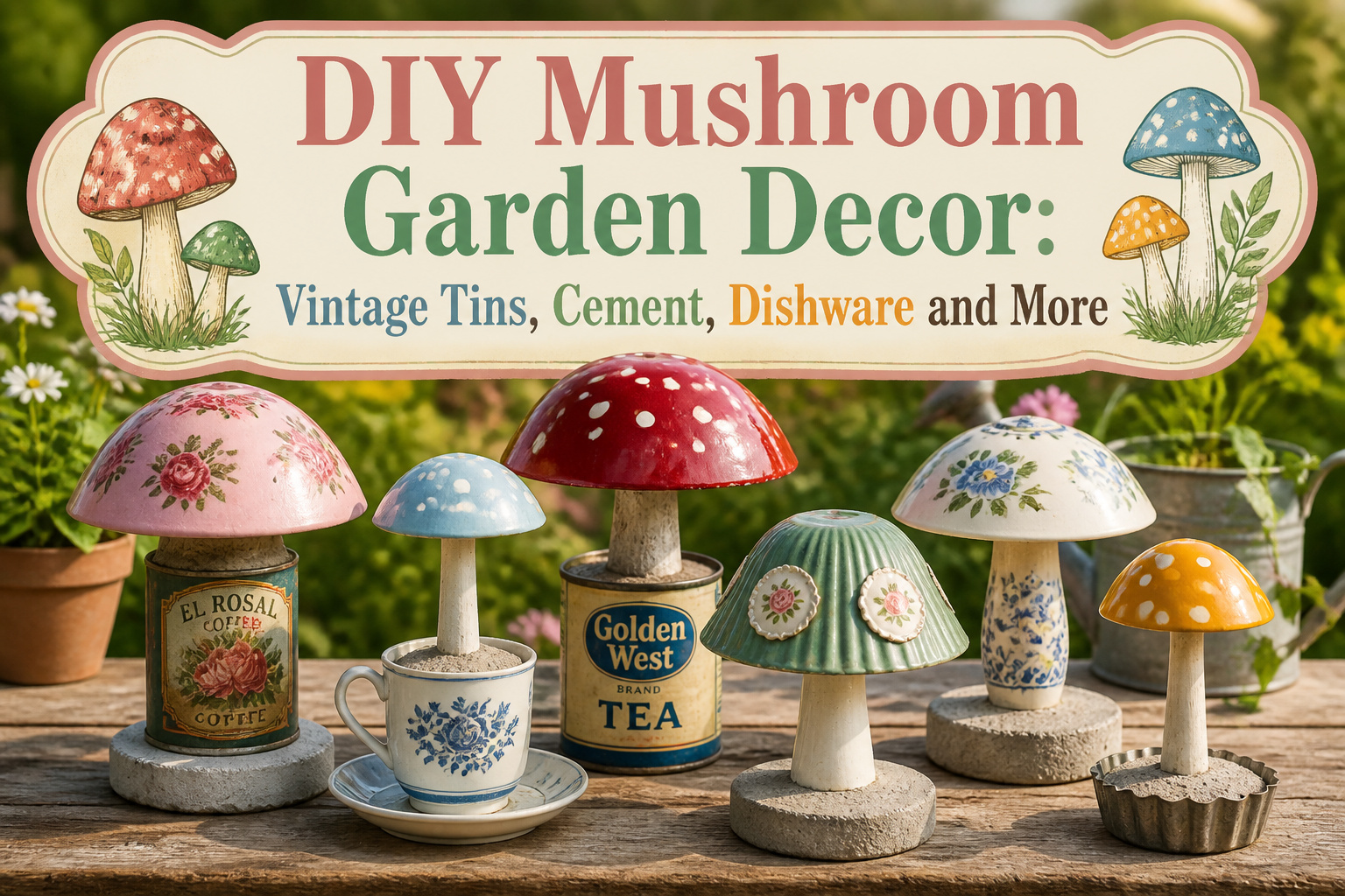 Colorful DIY mushroom garden decor made from vintage tins, cement, and dishware.