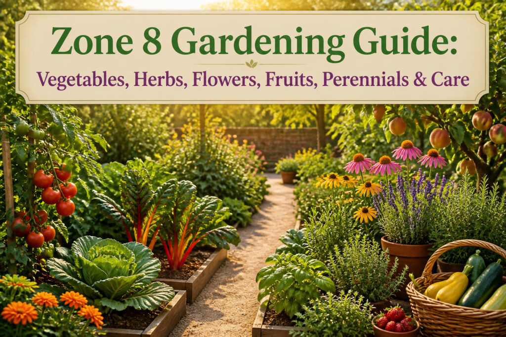 A colorful garden with various plants representing Zone 8 gardening.