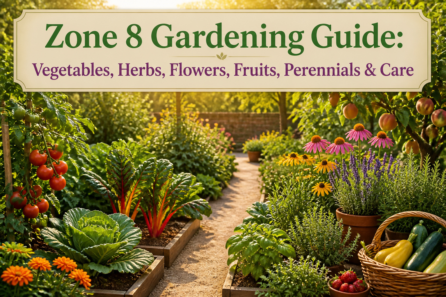 A colorful garden with various plants representing Zone 8 gardening.