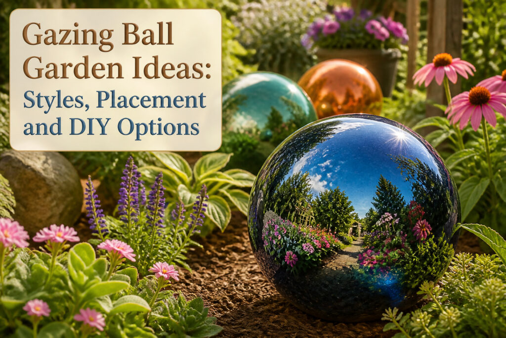 A colorful gazing ball in a garden reflecting plants and sunlight.