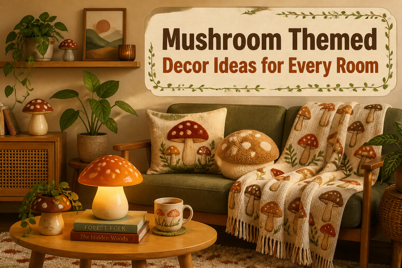 A collection of mushroom-themed decor items in a cozy setting.