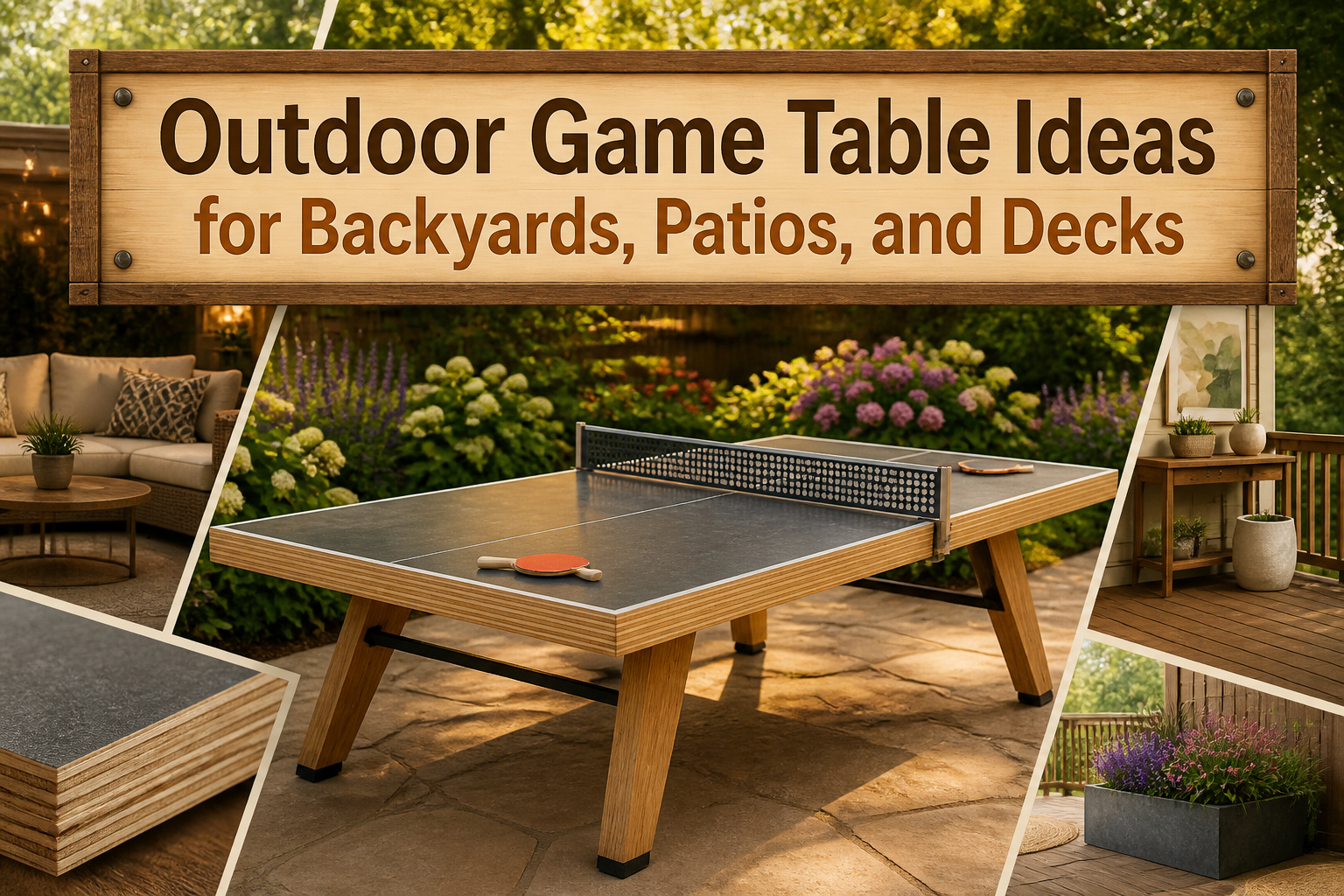 Various outdoor game tables including ping pong, pool, and shuffleboard.