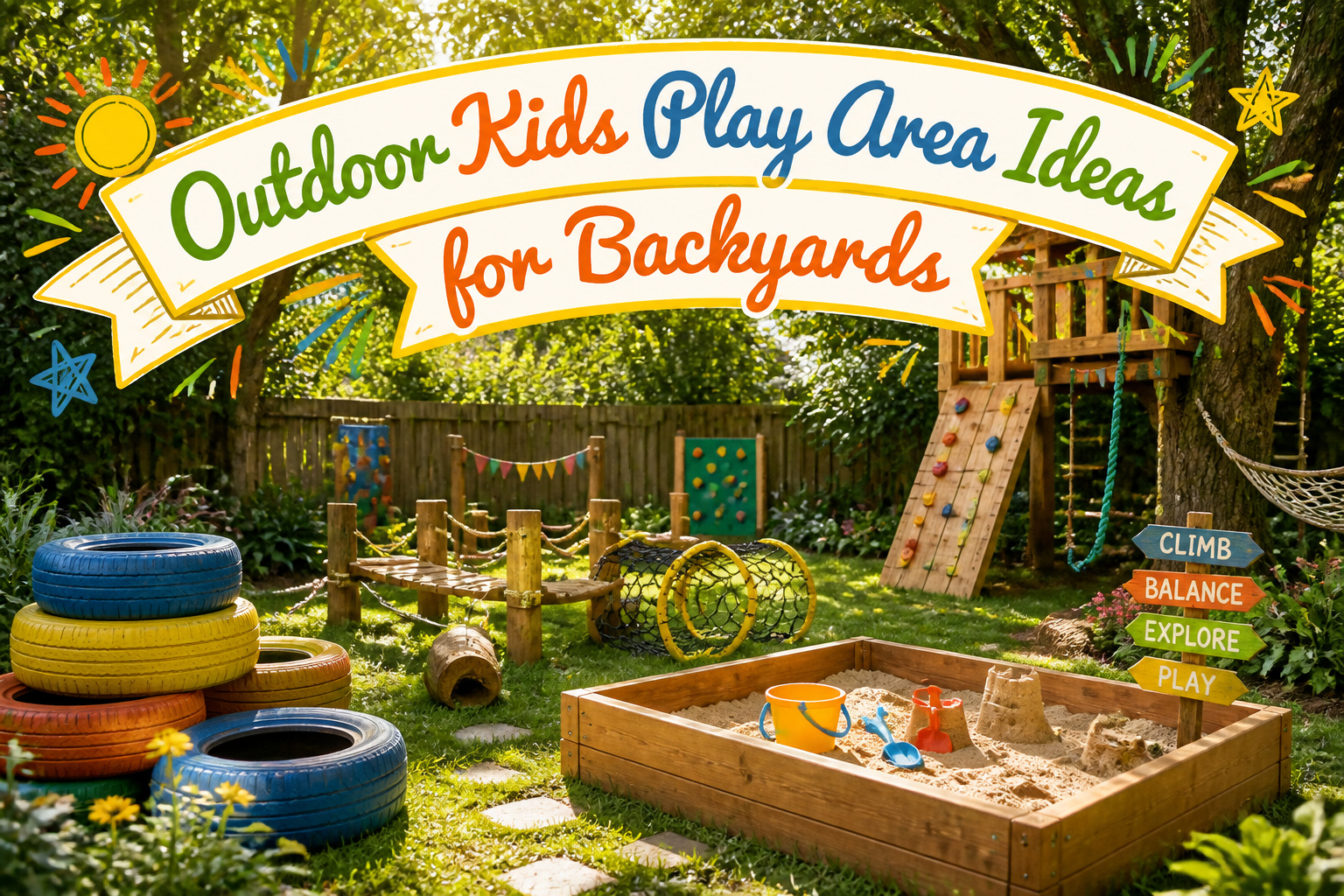 Different outdoor play areas for children, including swings and climbing structures.