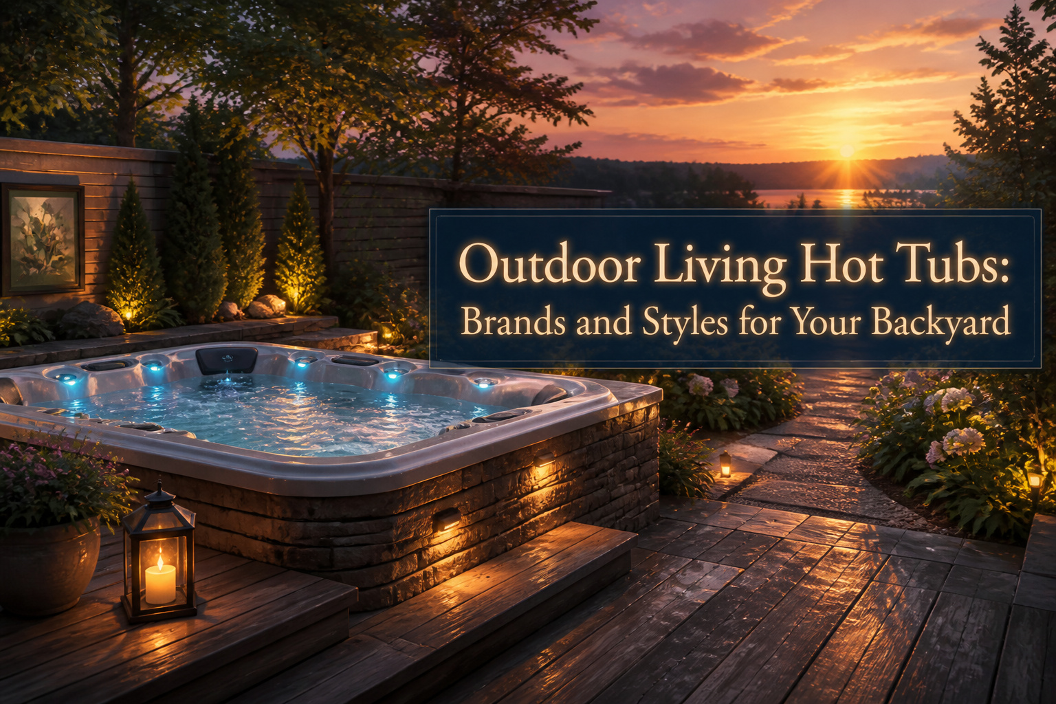 Multiple outdoor hot tubs displayed in various backyard environments.