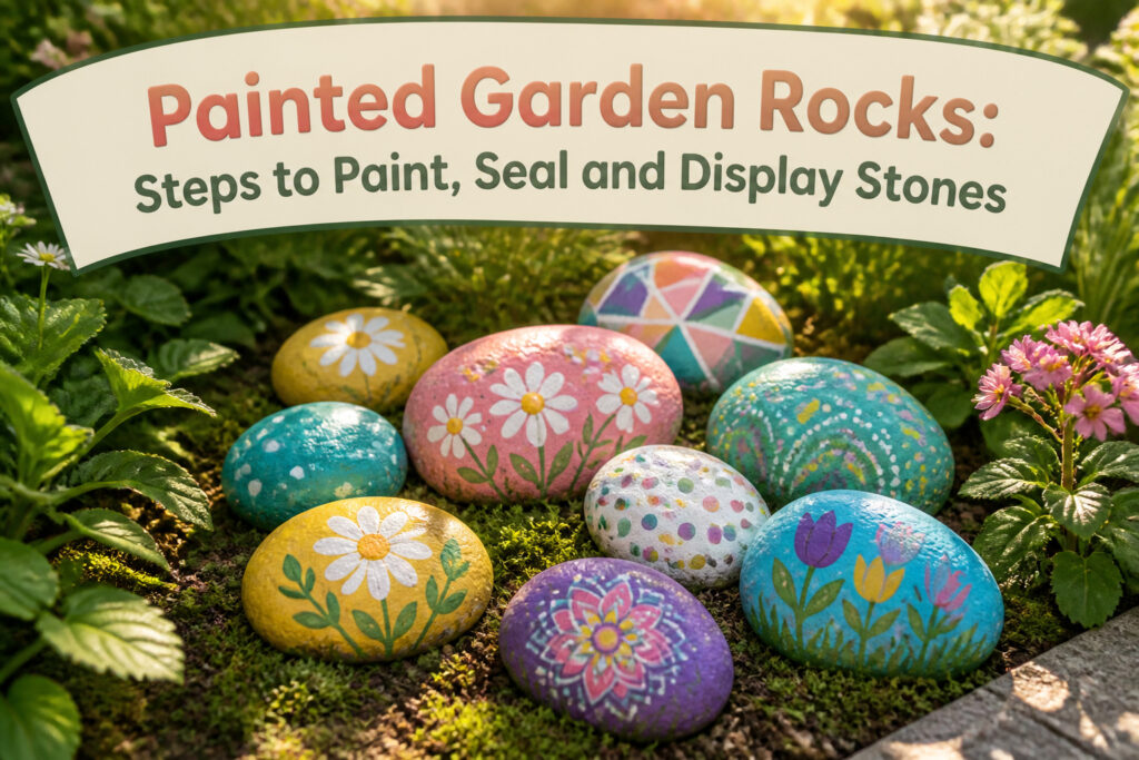 Colorful painted garden rocks arranged on a surface.