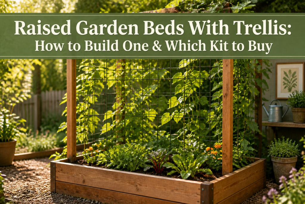 Raised garden bed with trellis, showing climbing plants and soil.