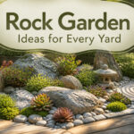 Various rock garden designs featuring different plants and stones.