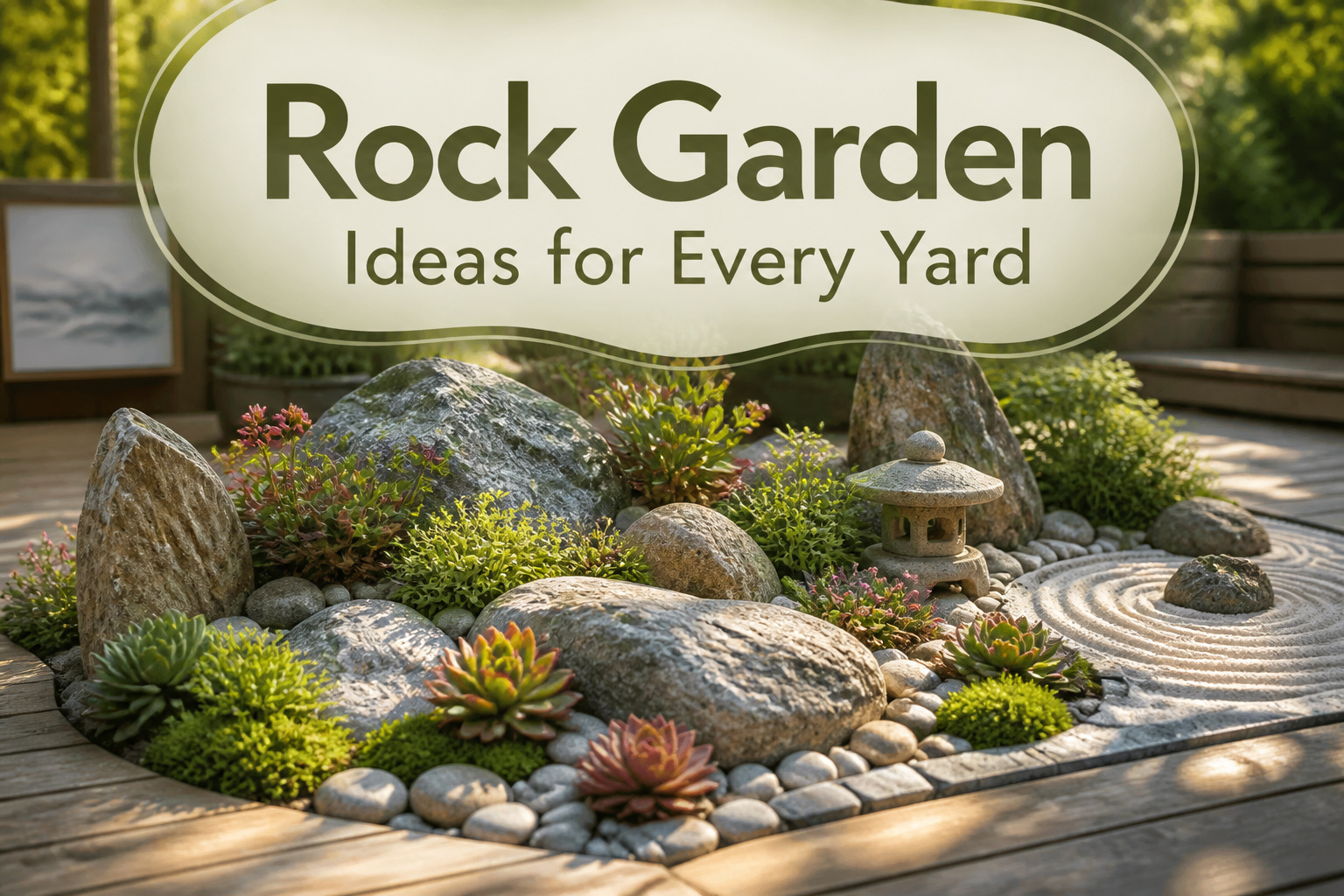 Various rock garden designs featuring different plants and stones.