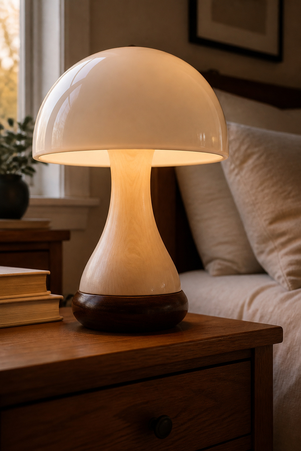 A mushroom lamp with a rounded cap and stem on a shelf.