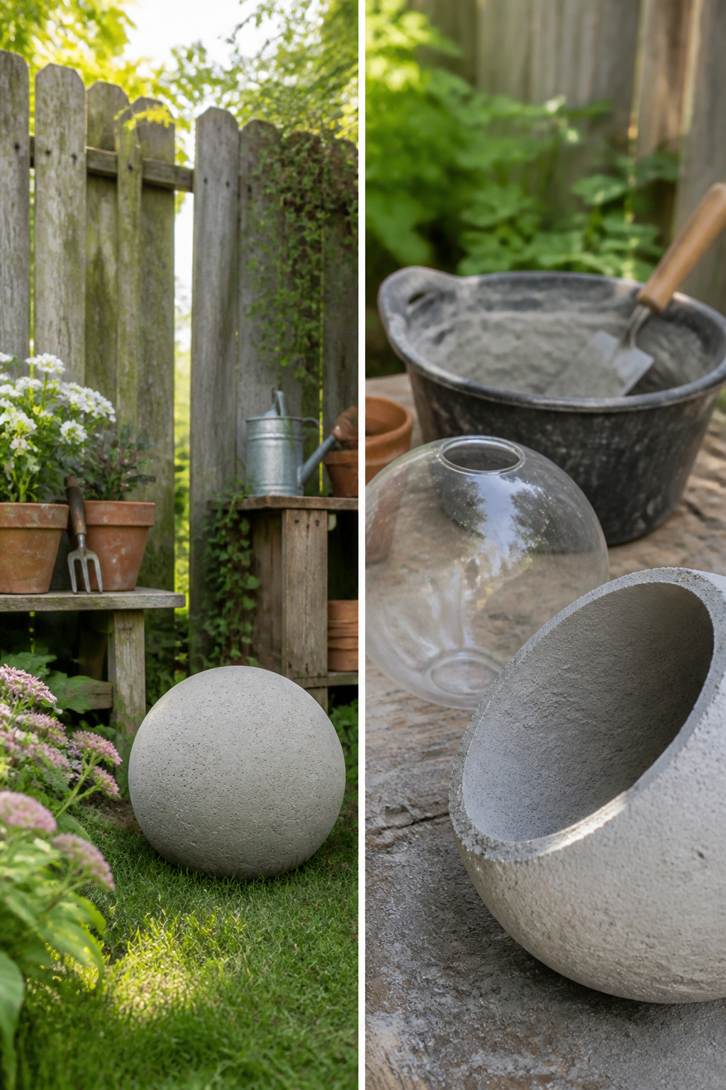 A gray concrete garden ball shaped from a glass light globe.