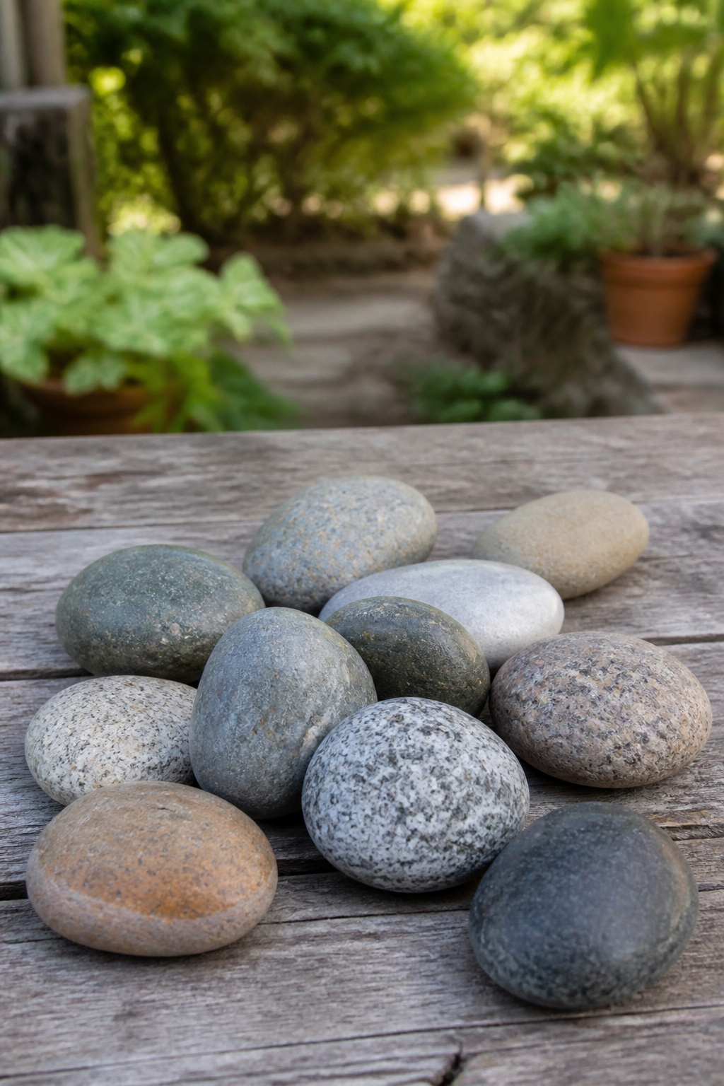 A collection of smooth, rounded river rocks on a wooden table.