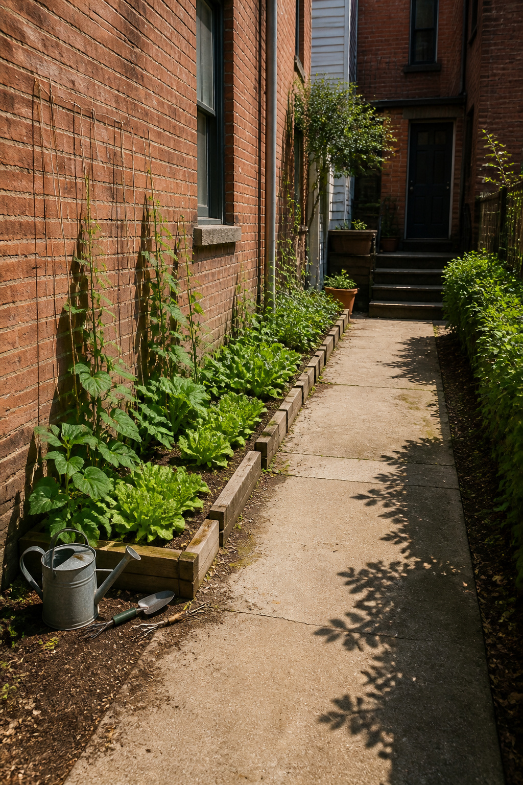 Narrow raised garden bed against a fence, showing vegetables growing.