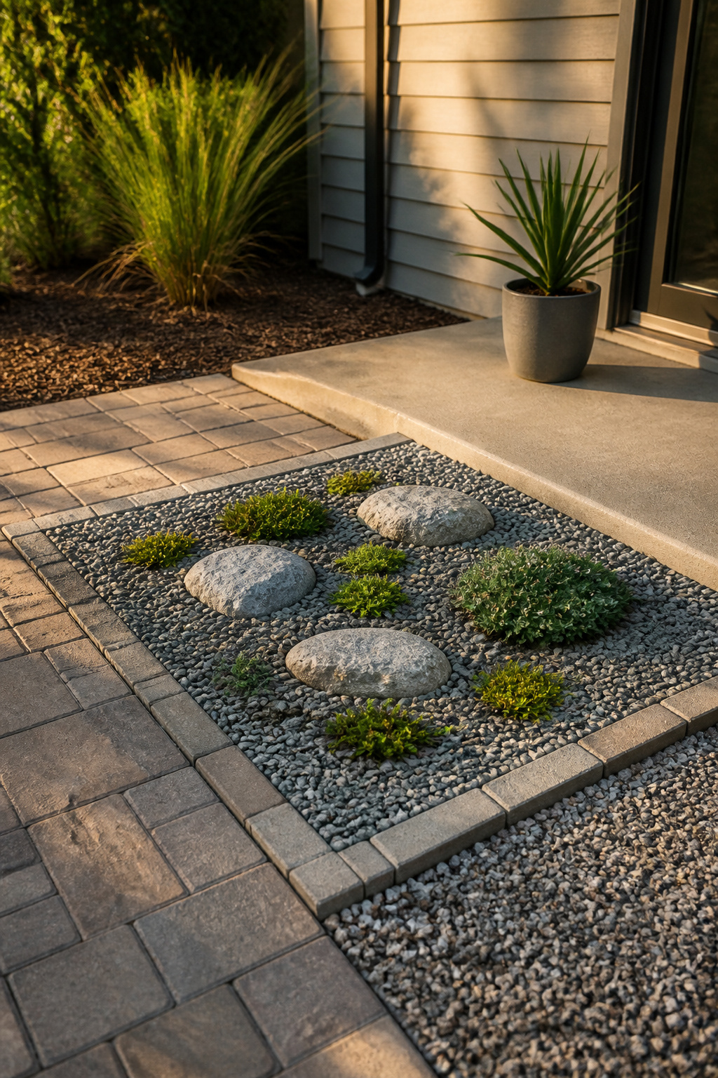 Small rock garden with anchor stones and creeping Sedum.