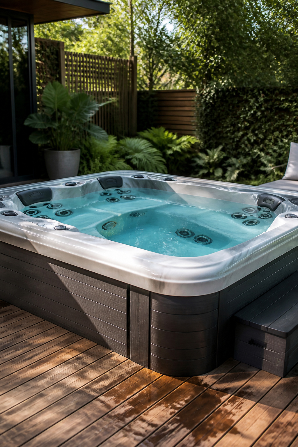 Outdoor Living Hot Tubs: 7 Brands and Styles for Your Backyard 1 Sleek Sundance Spa with multiple jets in a private backyard.