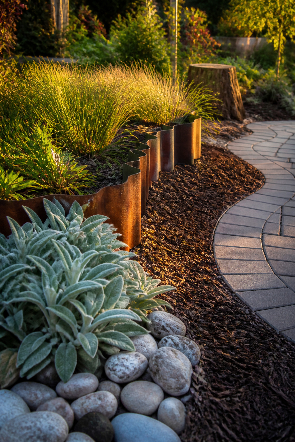 9 Whimsical Garden Ideas: Texture, Color, Light & Art for 2026 1 Smooth river stones alongside lamb's ear and ornamental grasses.