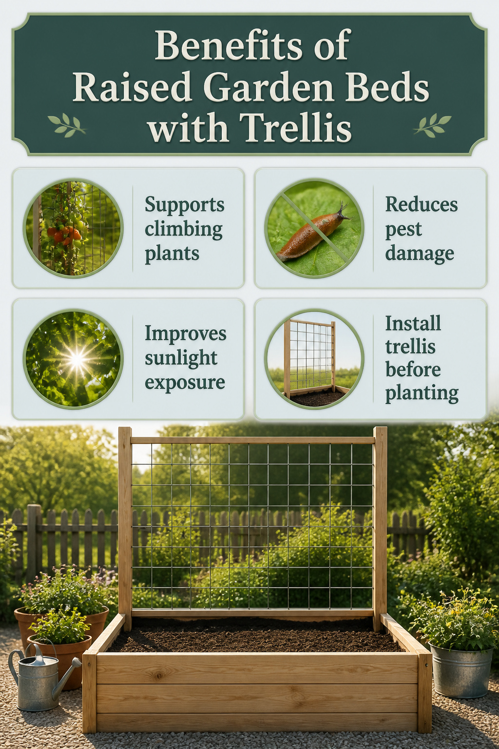 Information image titled 'Benefits of Raised Garden Beds with Trellis'.