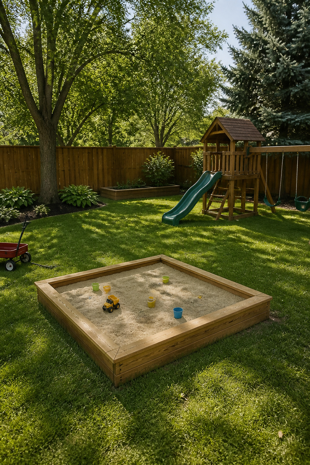 20 Outdoor Kids Play Area Ideas for Backyards in 2026 1 A wooden sandbox filled with sand in a backyard.