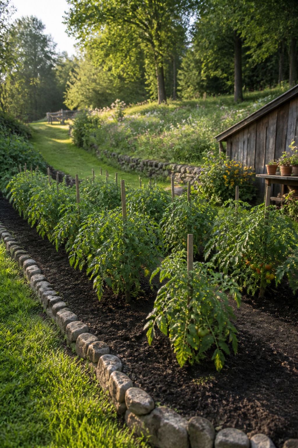 A garden bed with tomatoes planted in the ground, showcasing their growth.