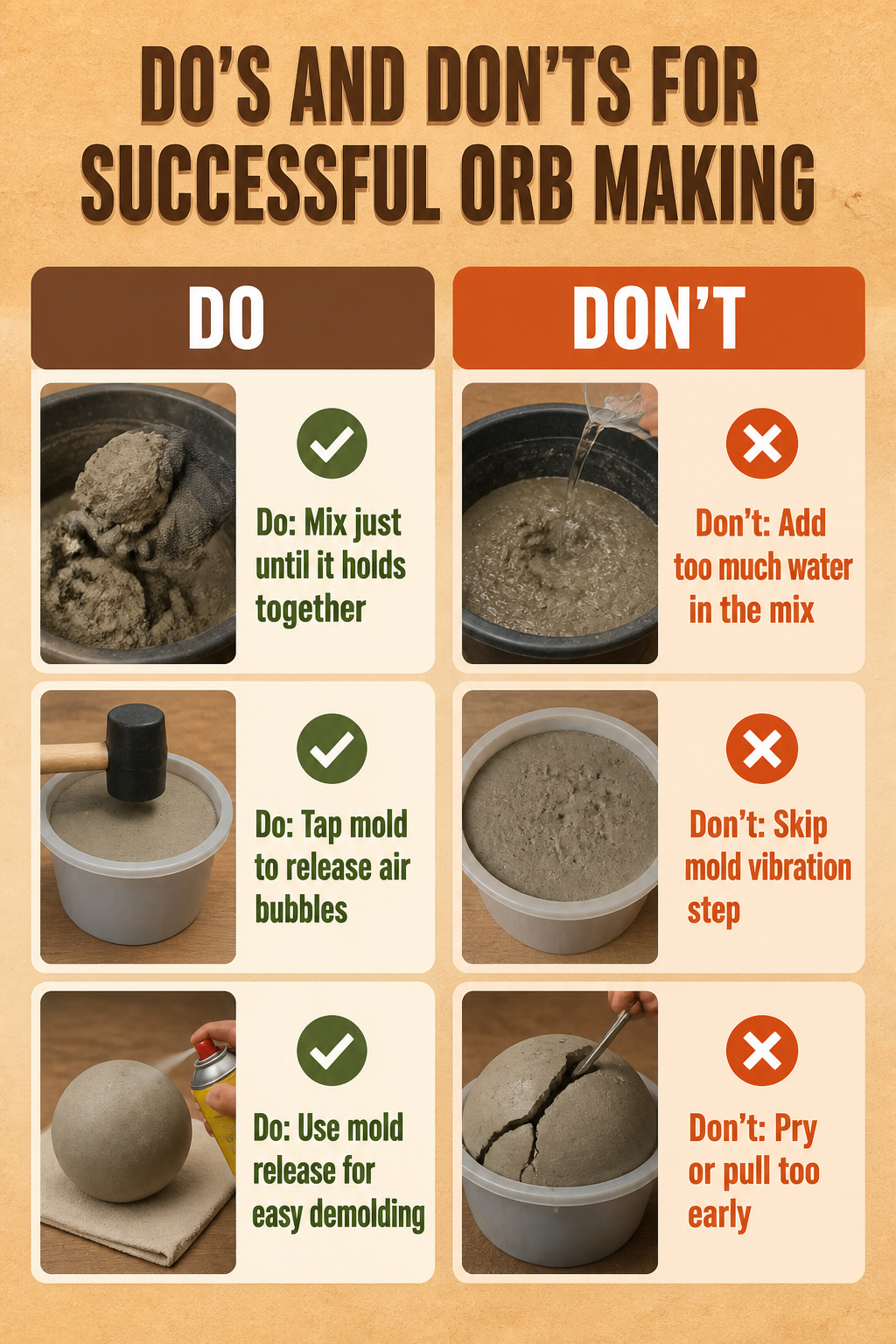DIY Concrete Garden Orbs: A Step-by-Step Guide for 2026 10 A guide showing do's and don'ts for making concrete orbs.