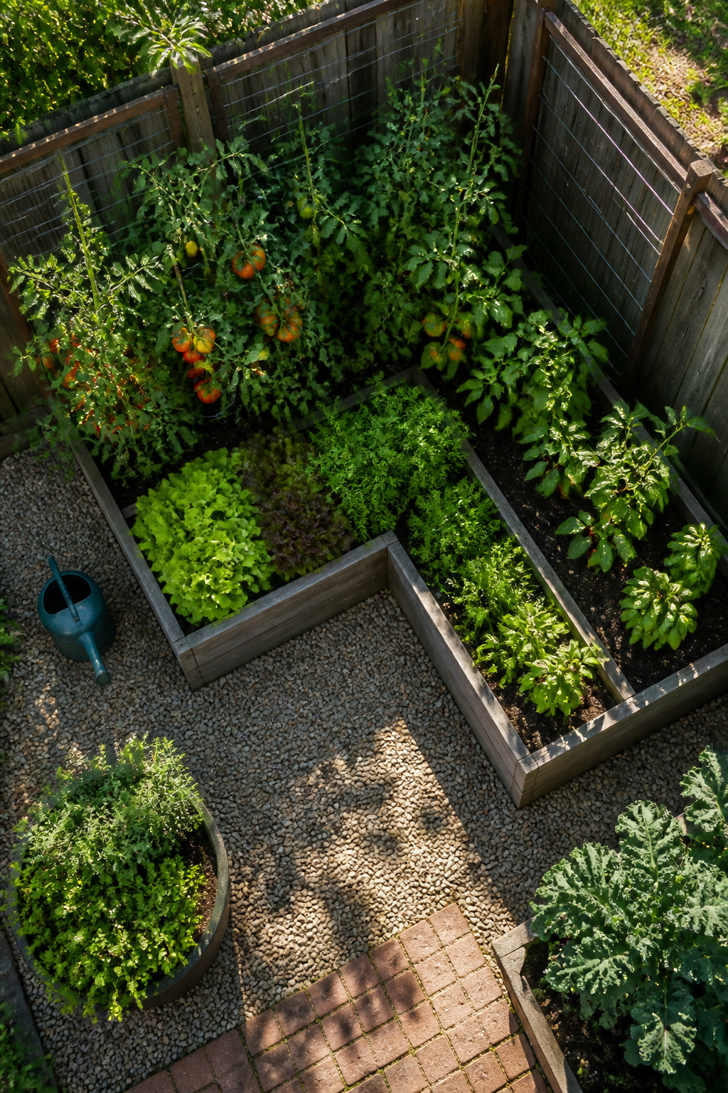 An L-shaped garden layout with various vegetables planted.