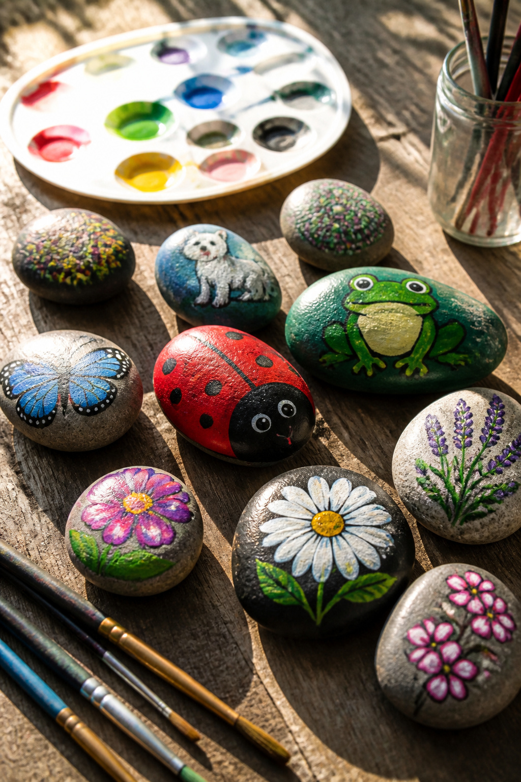 A selection of painted rocks featuring animal and flower designs.