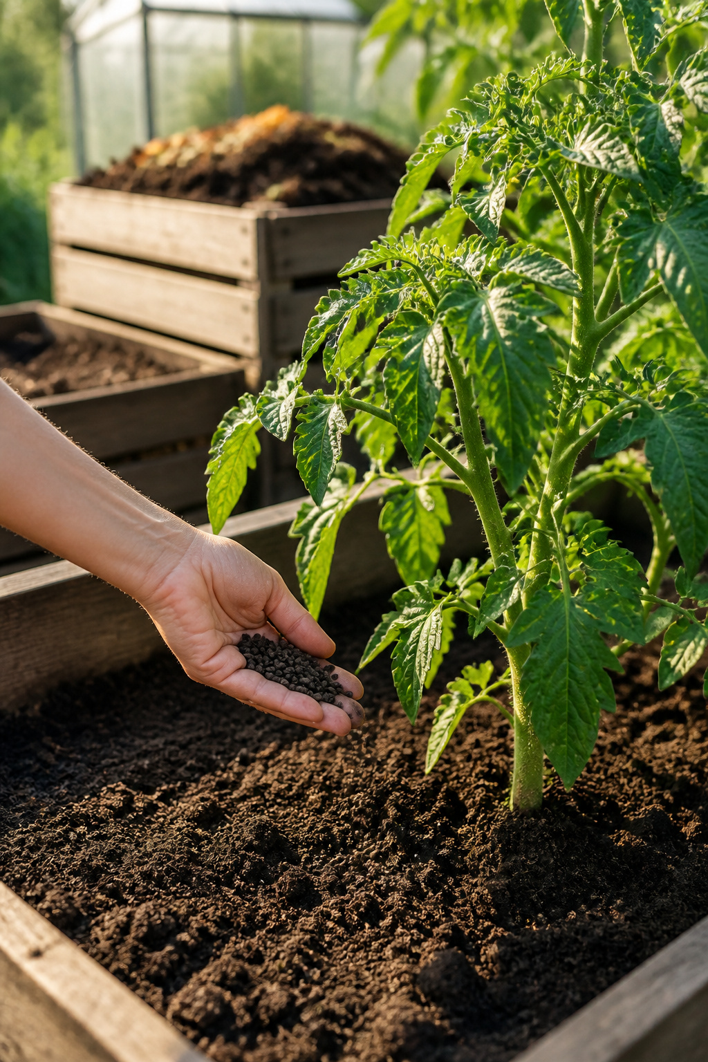 A close-up of a hand applying organic fertilizer to a tomato plant.