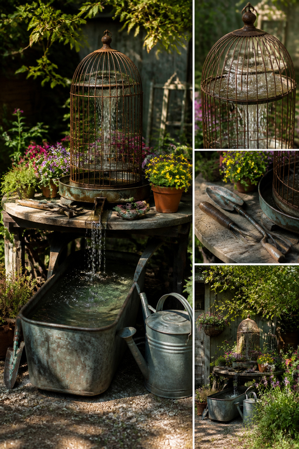 9 Whimsical Garden Ideas: Texture, Color, Light & Art for 2026 10 A birdcage fountain constructed from a wire cage and a trough.