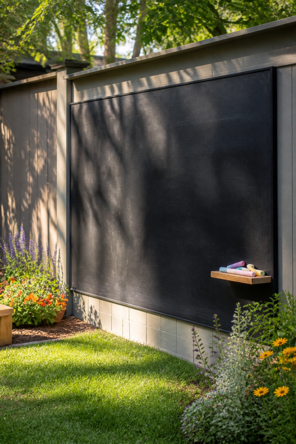 20 Outdoor Kids Play Area Ideas for Backyards in 2026 10 A chalkboard surface mounted on a fence for children to draw.
