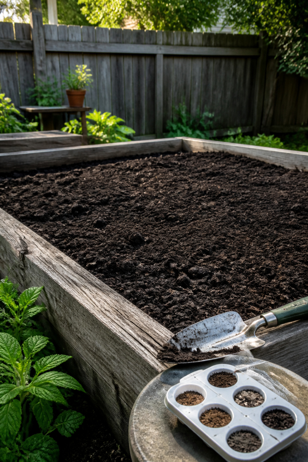 8 Easy Simple Garden Ideas for Any Yard in 2026 10 A raised garden bed filled with dark compost and a trowel.