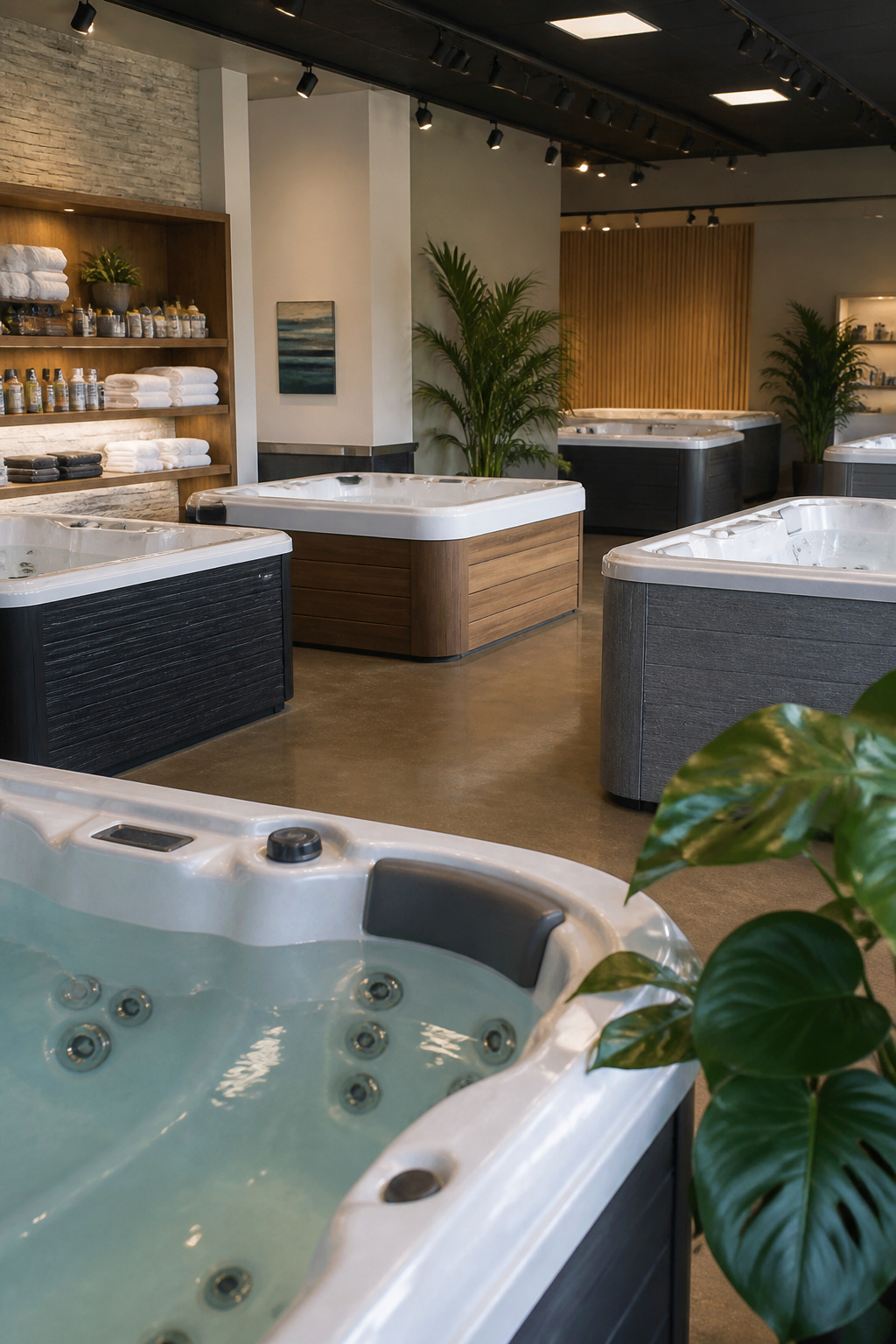 Outdoor Living Hot Tubs: 7 Brands and Styles for Your Backyard 10 Curated selection of hot tubs displayed in a welcoming showroom.