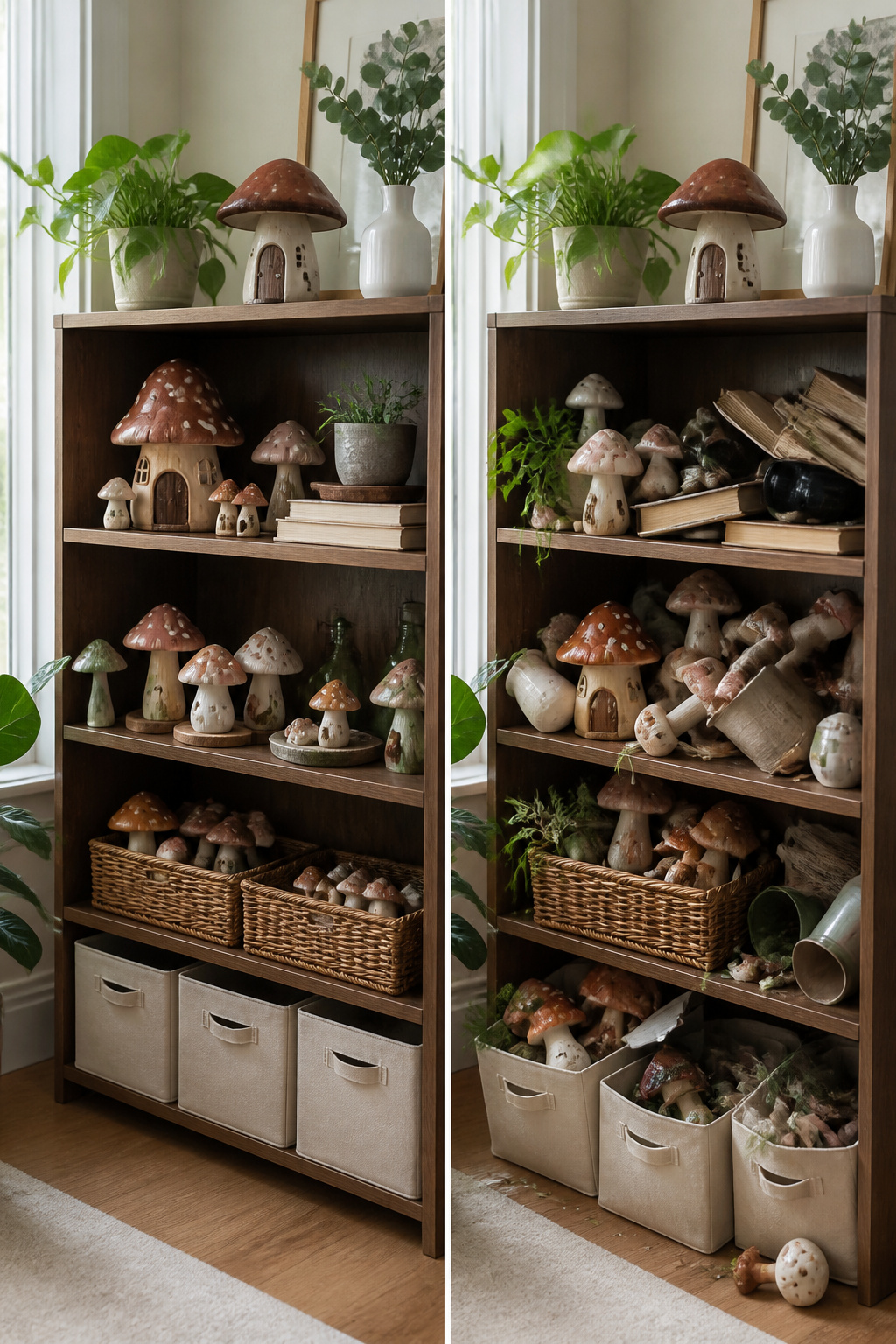 Ceramic mushroom decor items in autumn colors on a shelf.