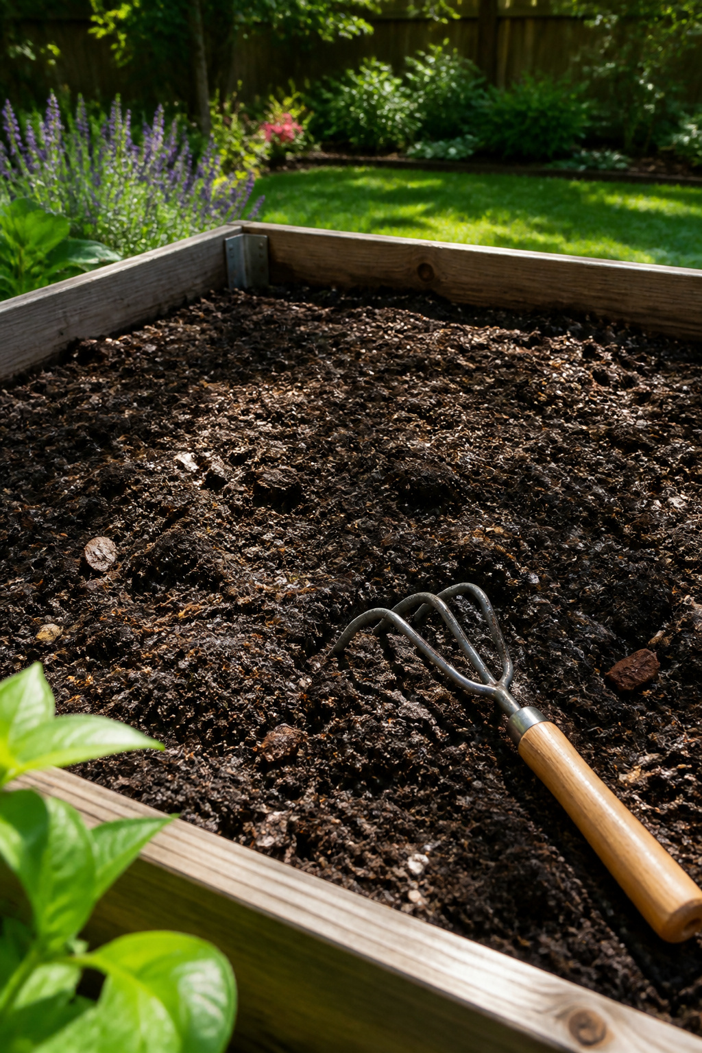 Rich, dark soil blend in a raised garden bed.