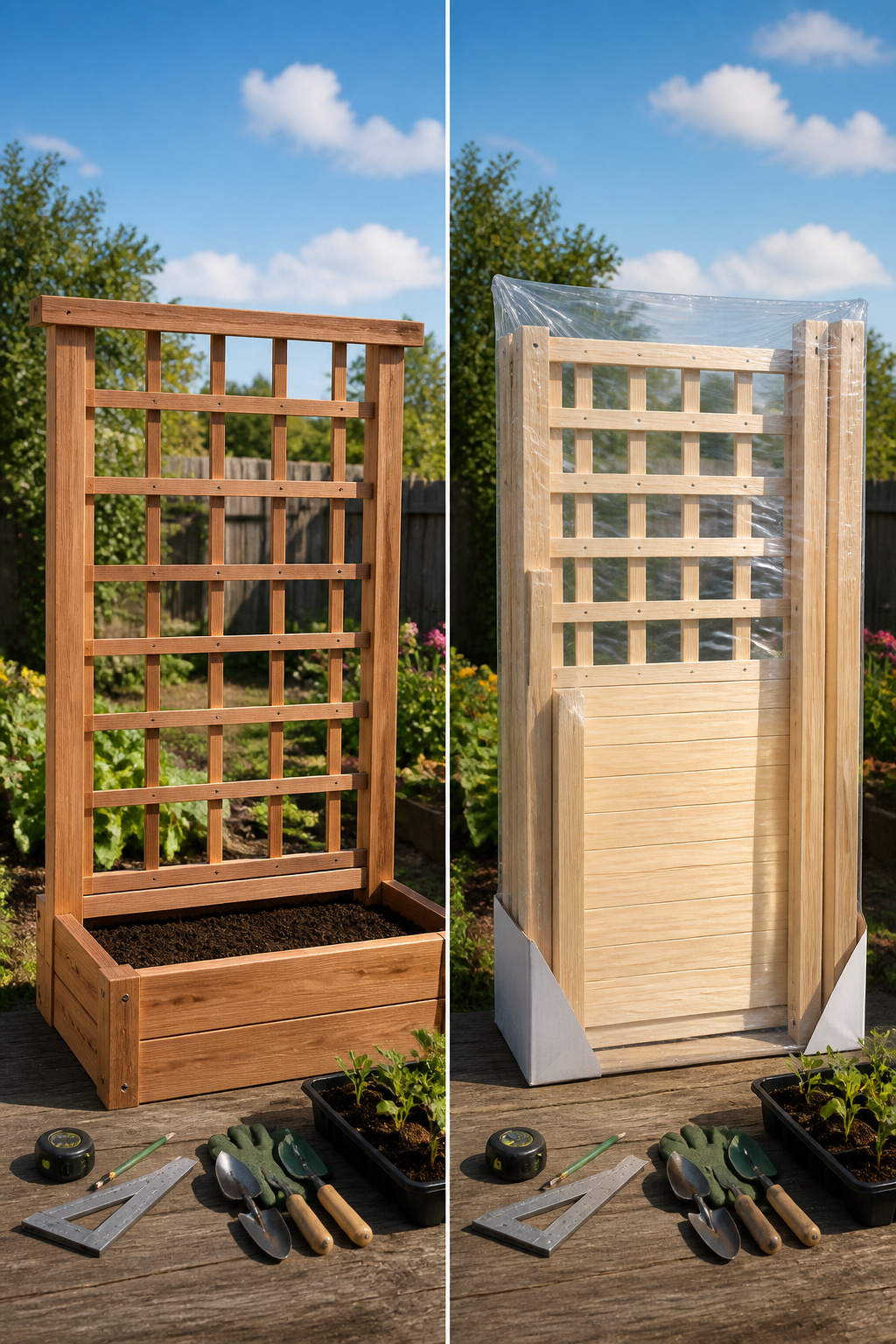 Photograph comparing DIY trellis materials to store-bought kits.