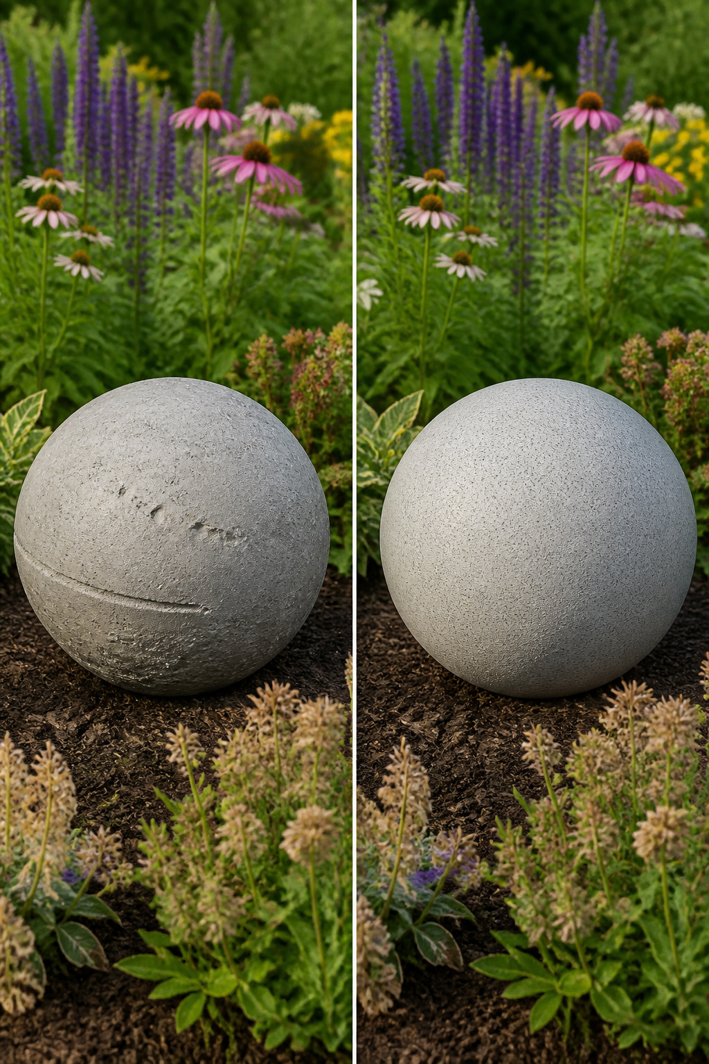 A concrete-coated Styrofoam ball designed for garden decoration.