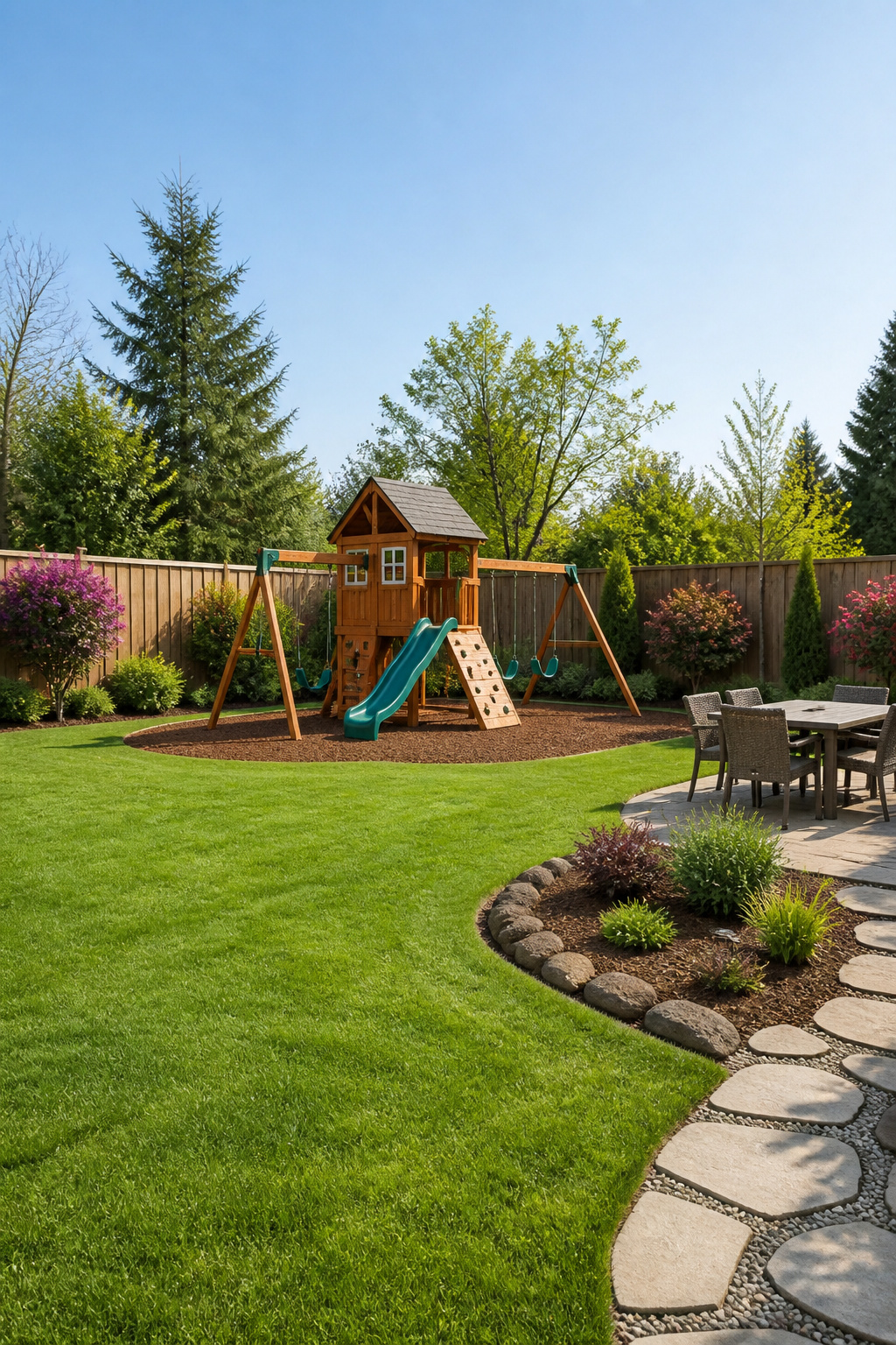20 Outdoor Kids Play Area Ideas for Backyards in 2026 11 A playset featuring swings and a slide in a backyard.