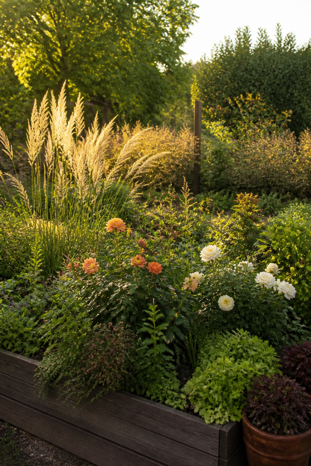 9 Whimsical Garden Ideas: Texture, Color, Light & Art for 2026 11 A raised garden bed filled with ornamental grasses and hardy roses.