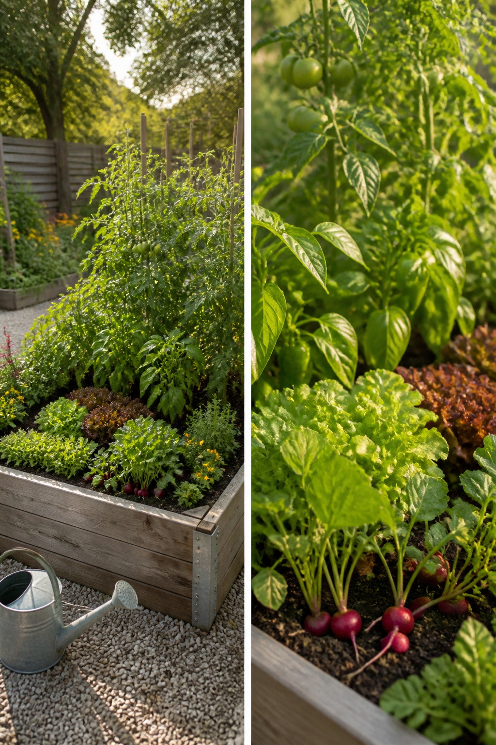 Lettuce and tomatoes planted closely in a raised garden bed.