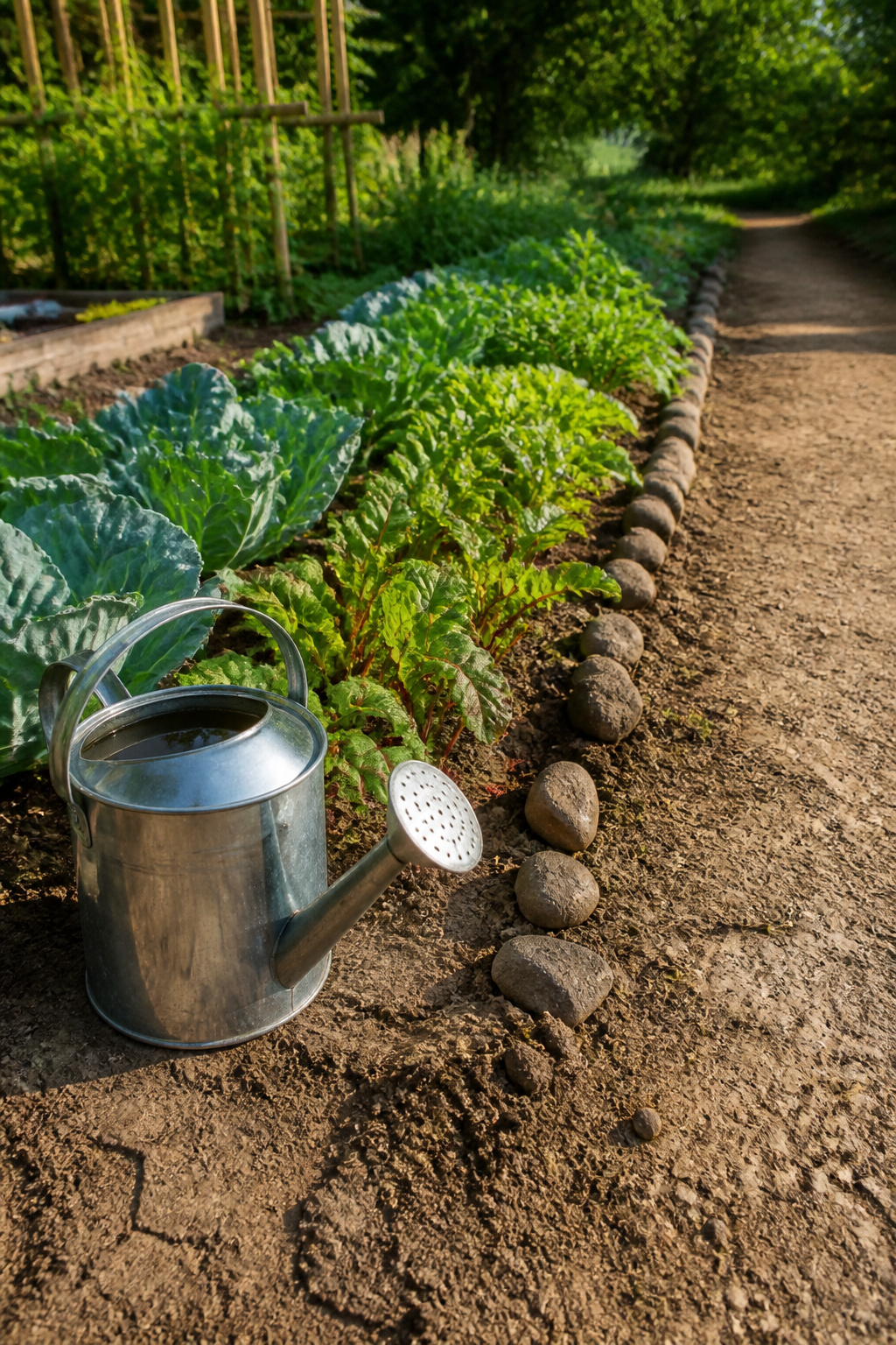 8 Easy Simple Garden Ideas for Any Yard in 2026 11 A watering can next to a row of vegetables in the garden.