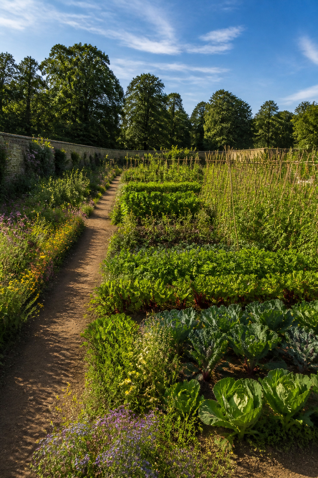 A garden layout showing sunlight patterns across vegetable beds.