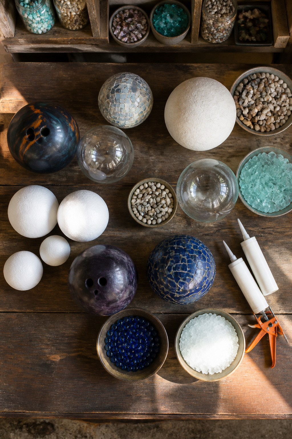 Bowling balls and glass globes used as bases for DIY garden spheres.