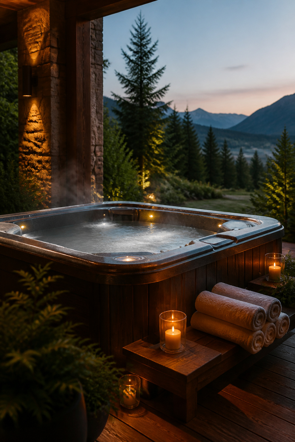 Outdoor Living Hot Tubs: 7 Brands and Styles for Your Backyard 11 Calm hot tub scene surrounded by candles and greenery.