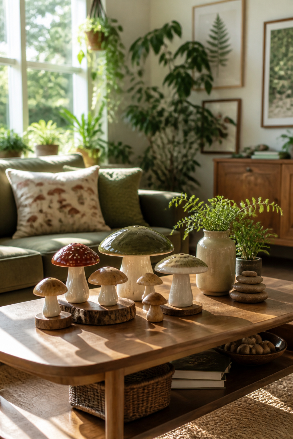 Various mushroom decor items arranged on a coffee table.