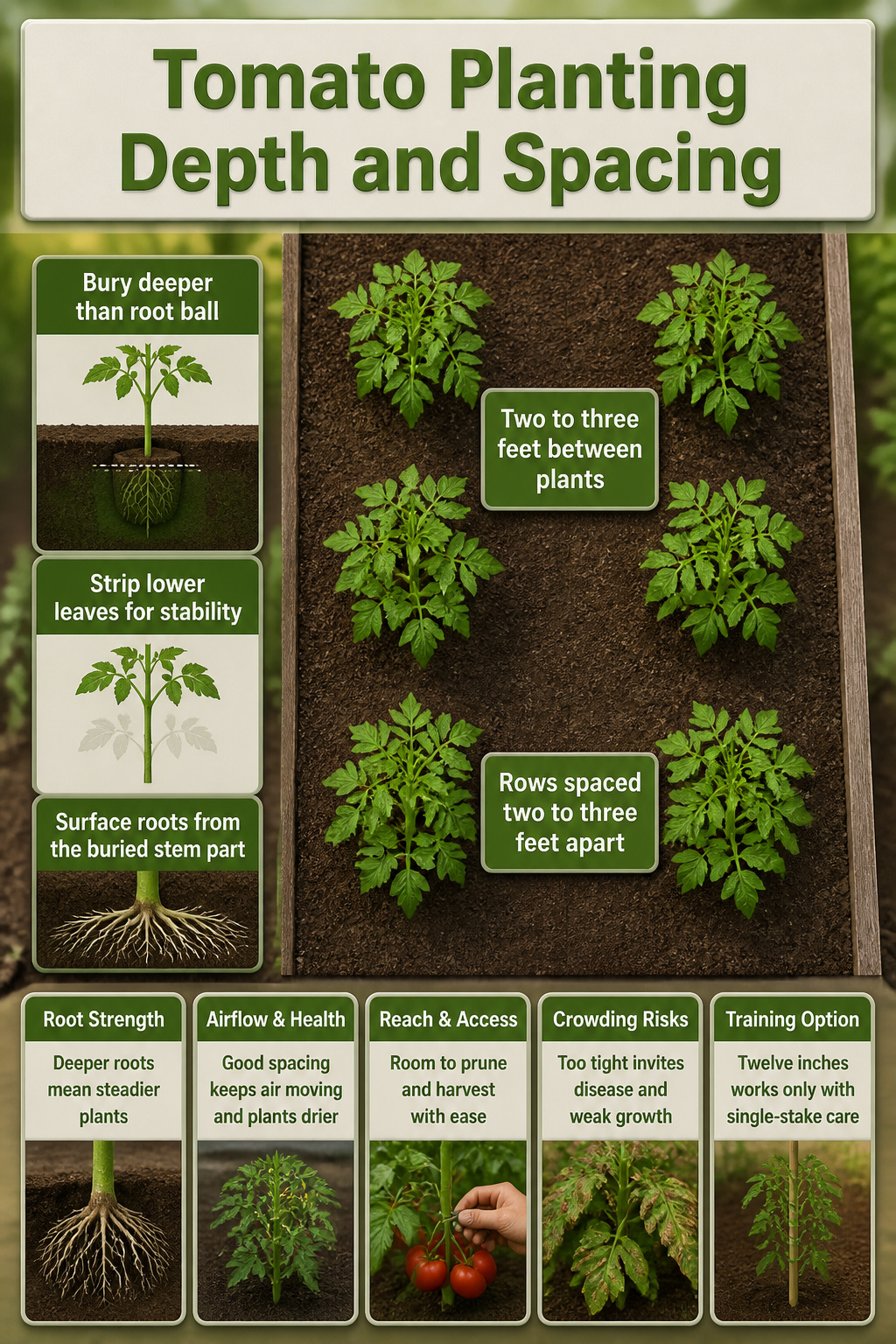An informative image showing tomato planting depth and spacing.