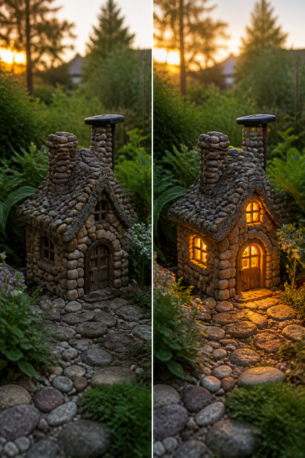 DIY Garden Fairy House: 20 Ways to Build One 11 Solar fairy house made from stone and a solar stake.