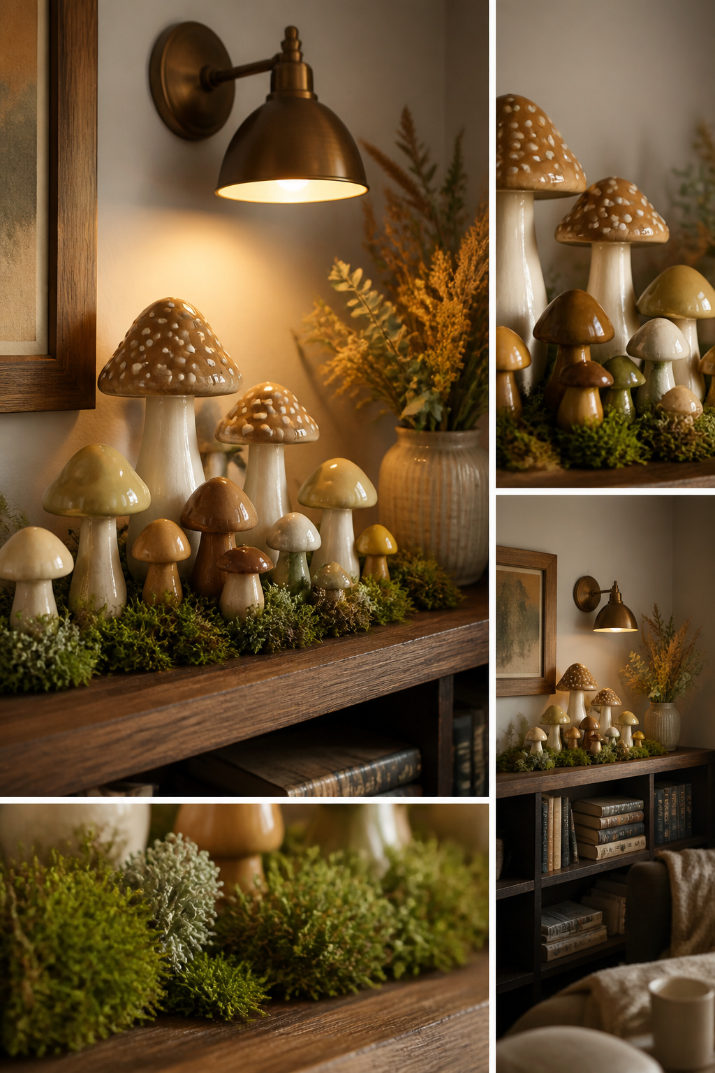 A cluster of mushrooms arranged at different heights on a shelf.
