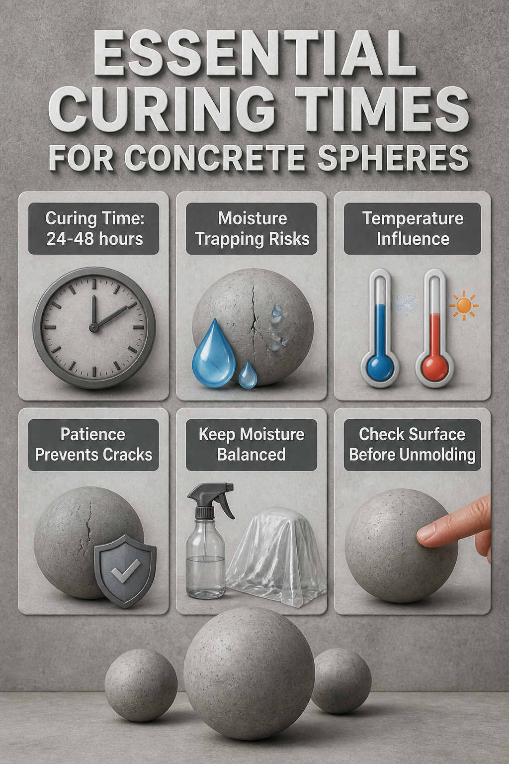 Essential curing times for concrete spheres displayed in an informative image.