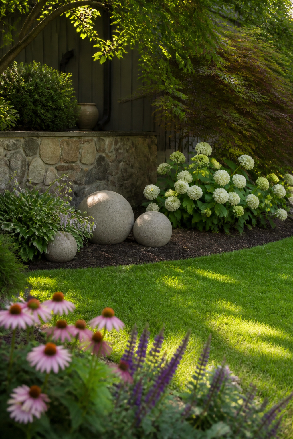 DIY Concrete Garden Orbs: A Step-by-Step Guide for 2026 12 Concrete garden orbs partially buried in soil among plants.